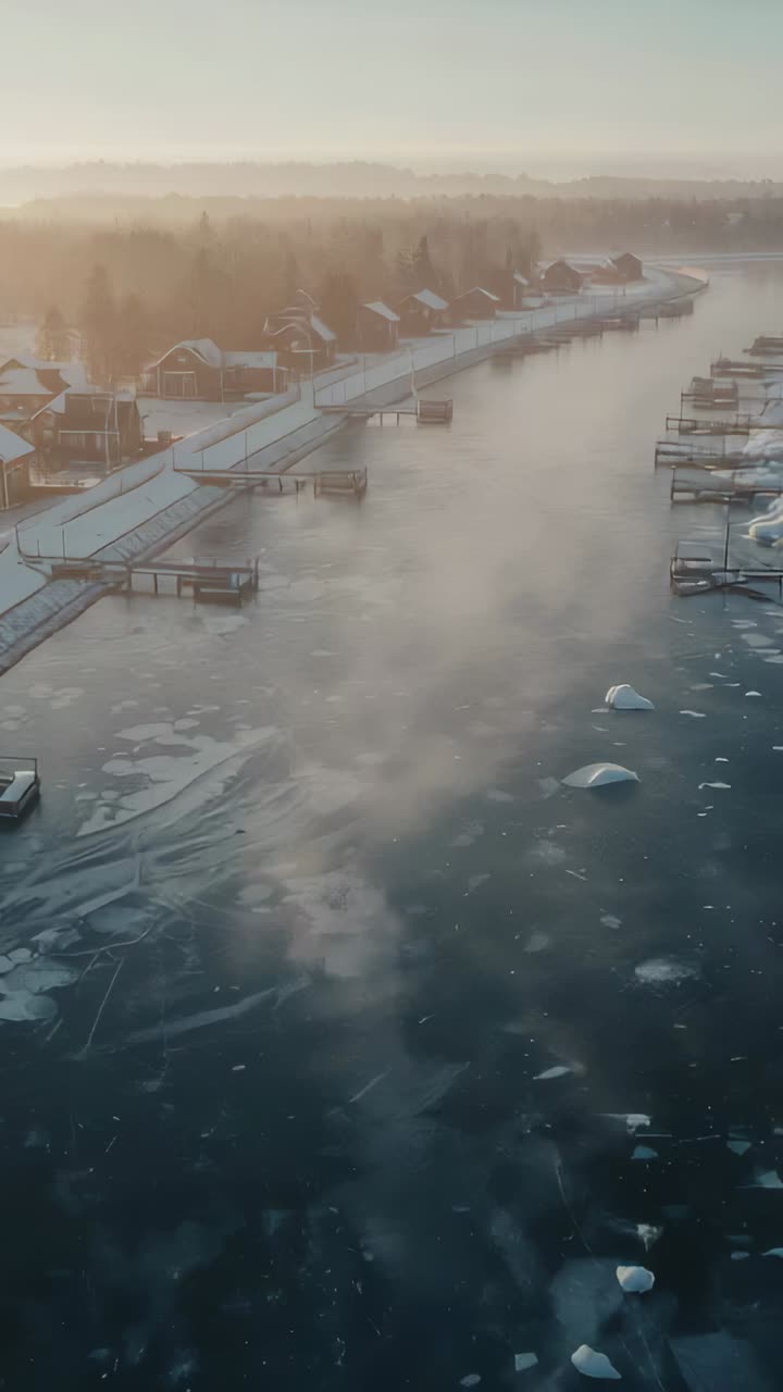 Vertical video: Rising steam and ice drifting over frozen canal from warm water, at snowy docks