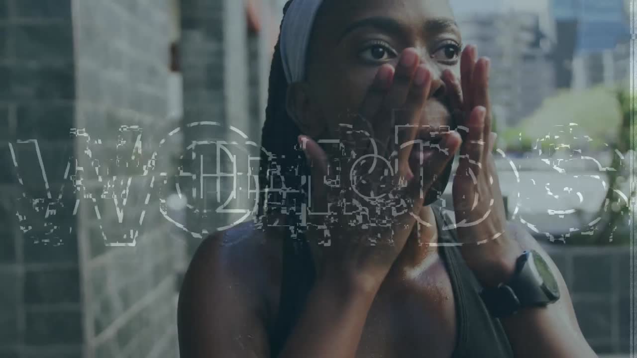 animación de texto de saludo y procesamiento de datos durante el entrenamiento atleta afroamericana recuperándose