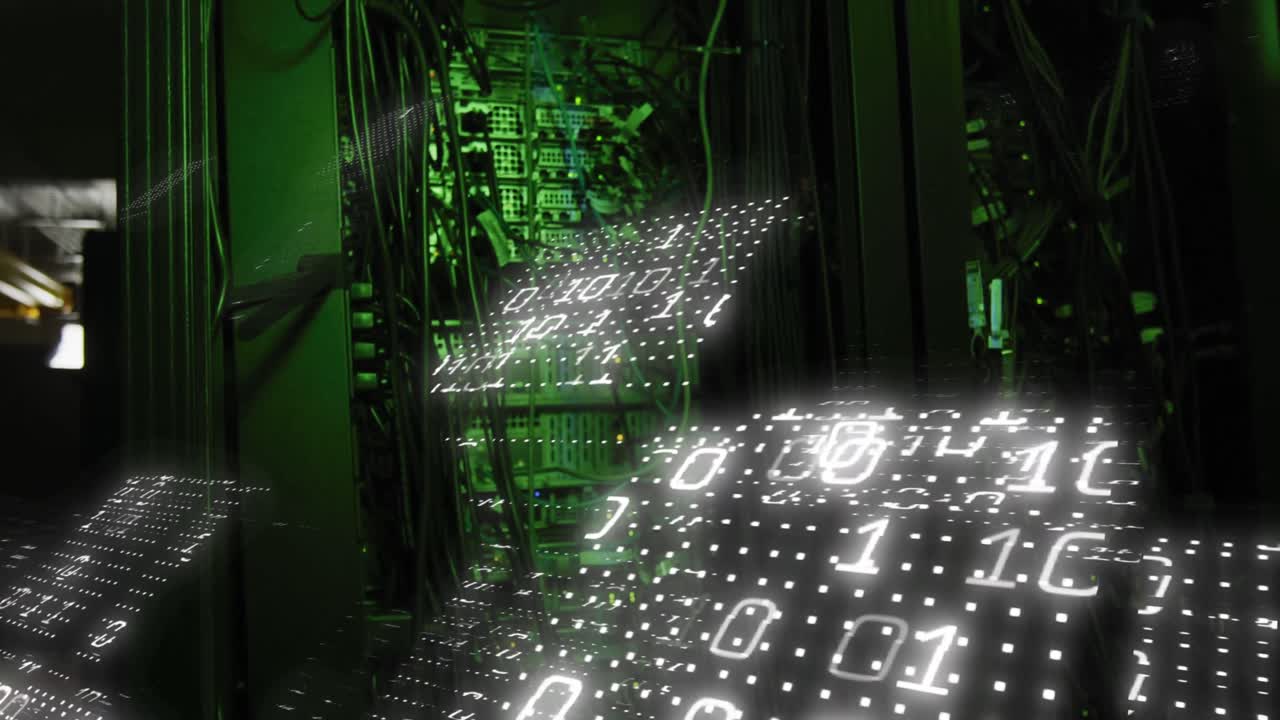 animación de codificación binaria y procesamiento de datos a través de servidores informáticos