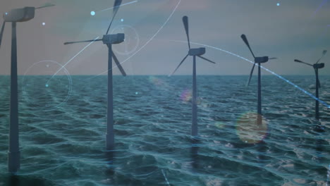 offshore wind farm being illustrated in flat design with turbines rotating above calm ocean surface