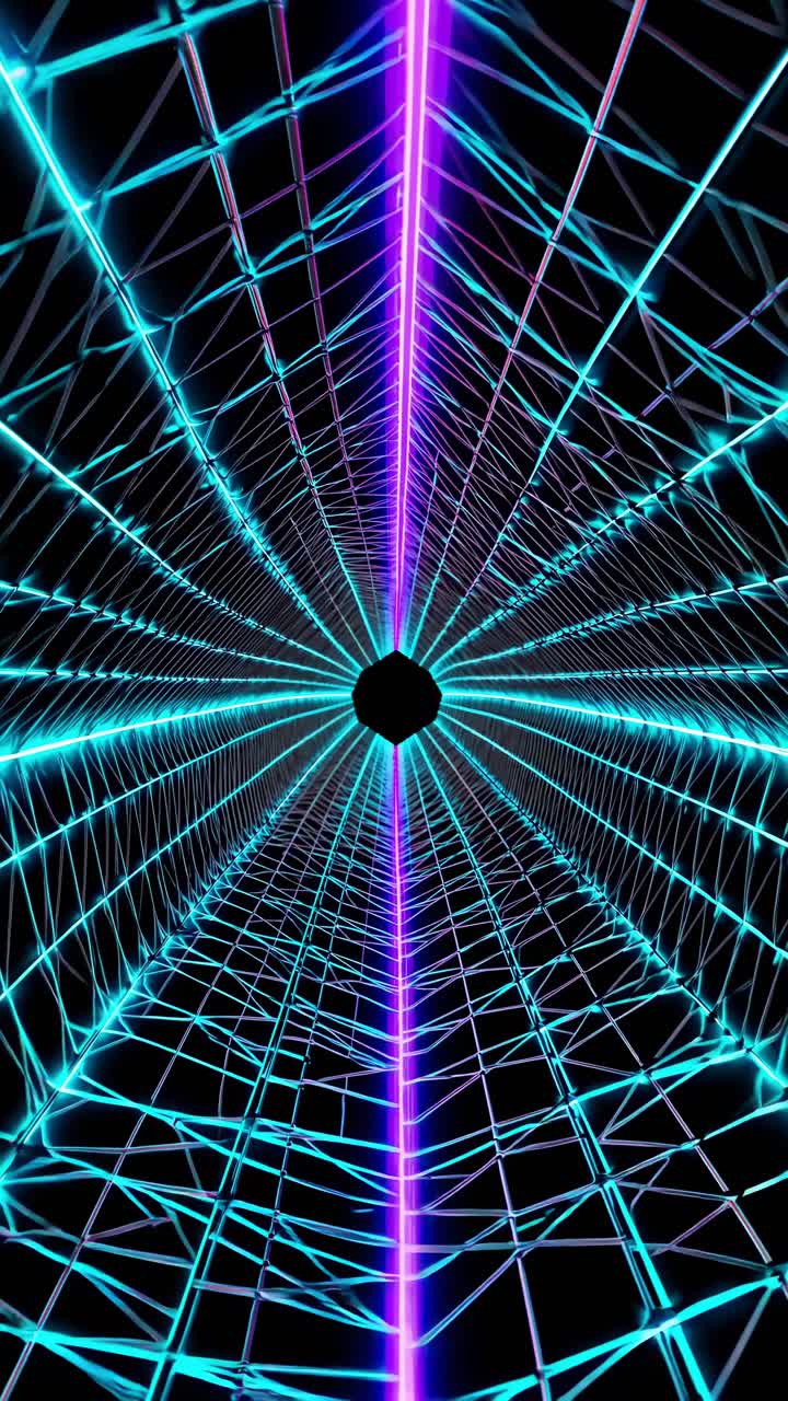 Neon illuminated futuristic tunnel glowing with vibrant colors, generating electric atmosphere of high speed motion and technological innovation against shadowy background