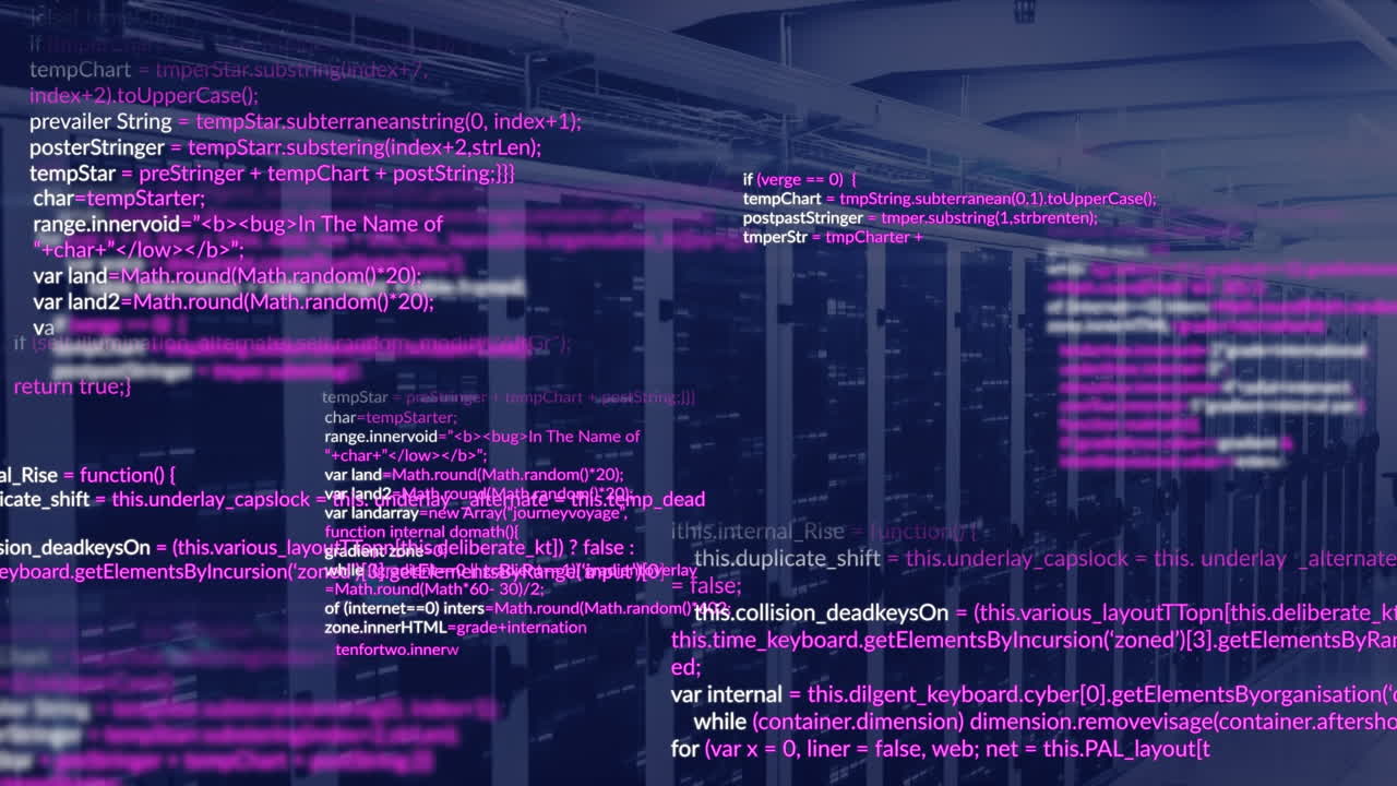 animación de procesamiento de datos y cuadrados de mosaico contra la sala de servidores de computadora