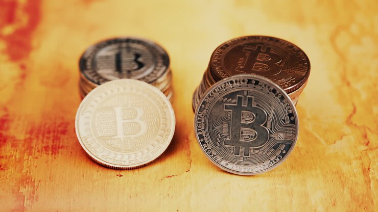 Primo piano di monete Bitcoin fisiche lucide impilate su un tavolo