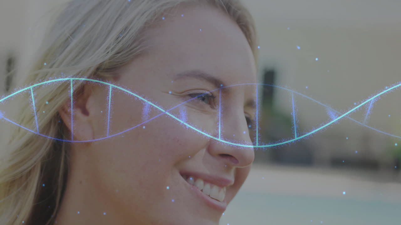 웃는 백인 여성에 대한 dna 가닥의 애니메이션