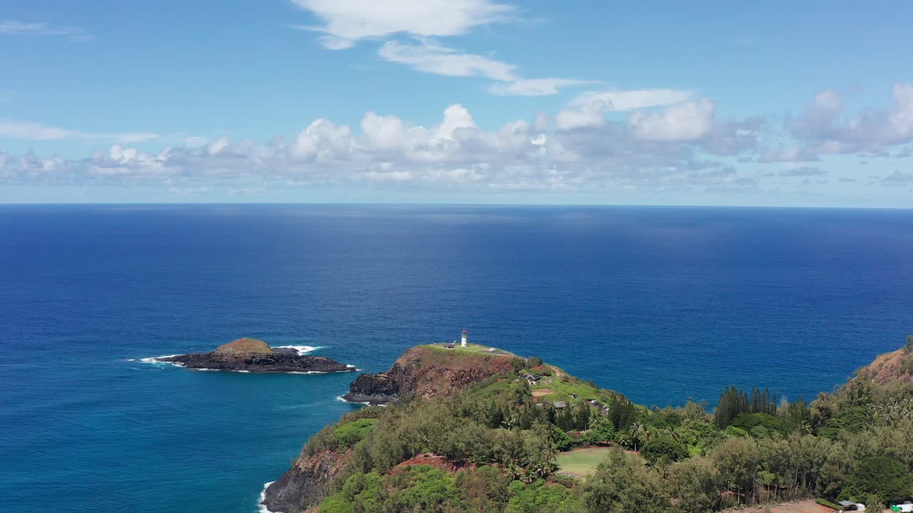 Wide panning aerial shot of Kilauea Lighthouse at Kilauea Point on the North Shore of the Hawaiian island of Kaua'i