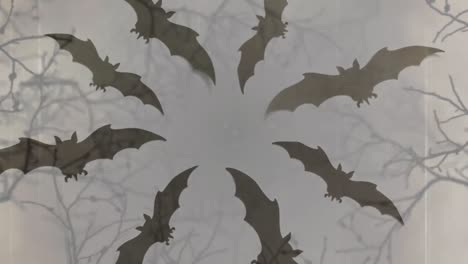 animation of halloween grey bats in circle on grey background