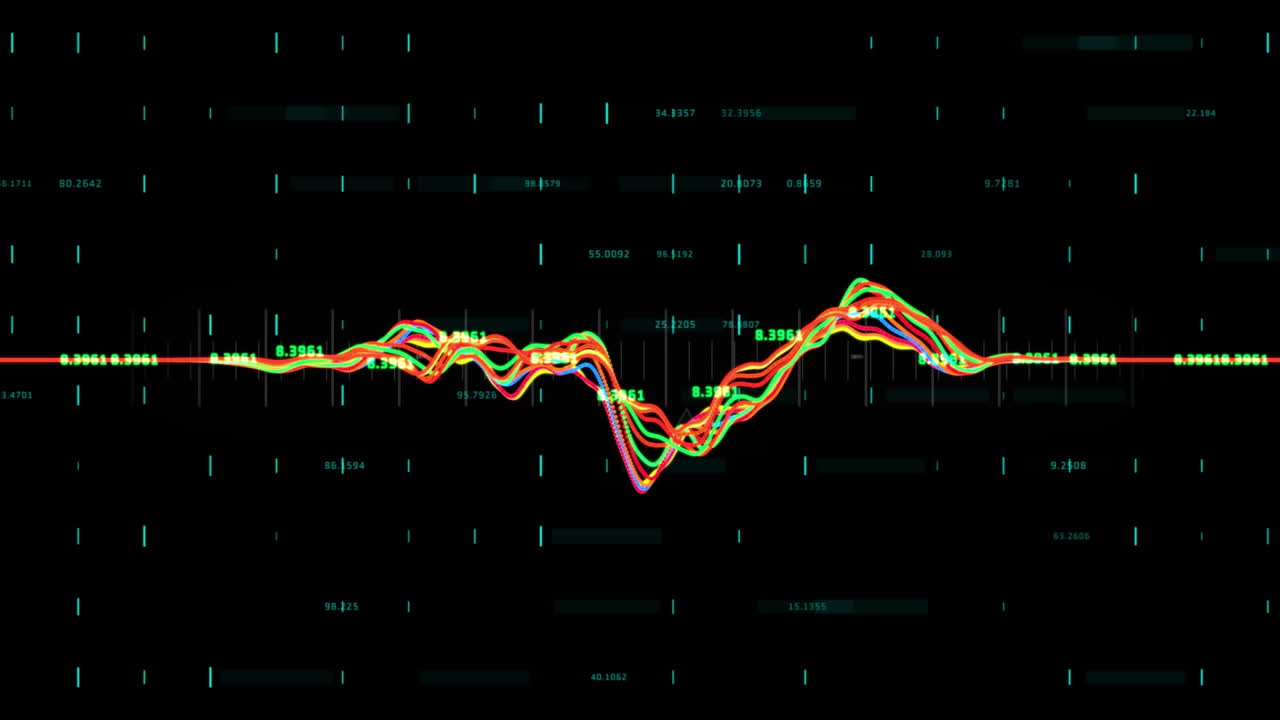 Colorful fluctuating graph lines with numerical data animation on black background