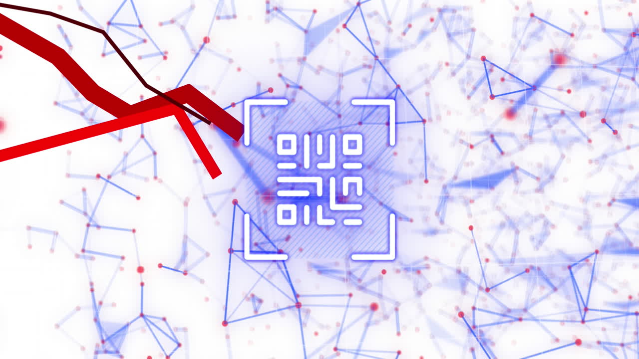 Animation of qr code, dots forming geometric shapes and multiple graphs over white background