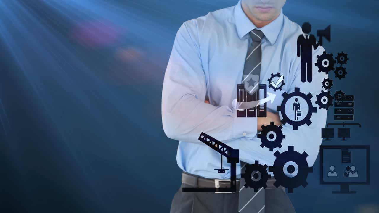 가상 디지털 인터페이스 화면을 만지는 사업가