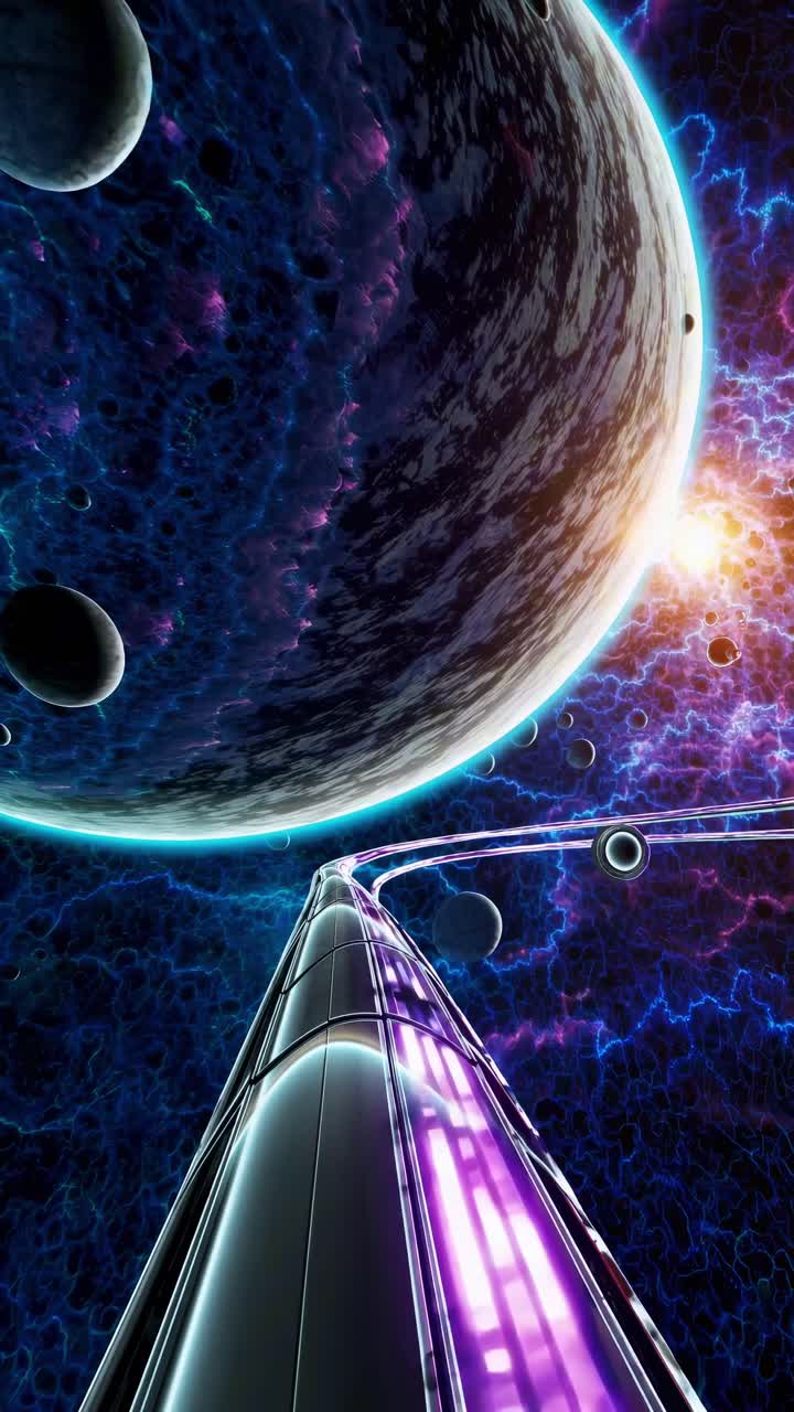 Futuristic space scene with a wormhole and planets, viewed from a low angle