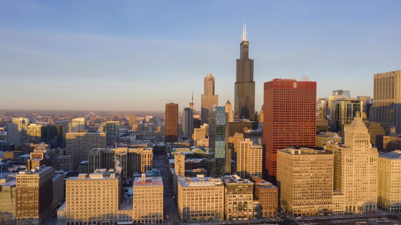 겨울 아침에 시카고의 도시 스카이 라인 골든 아워, 공중 풍경