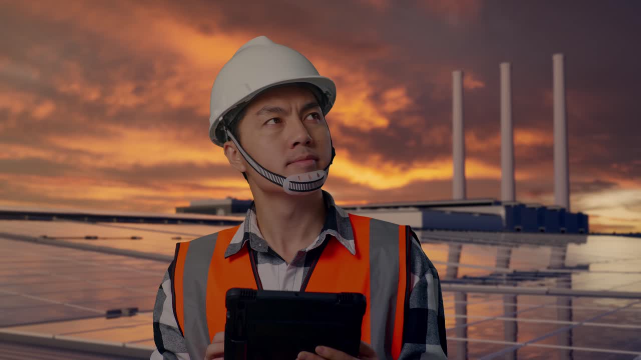 Close Up Of Asian Male Engineer With Safety Helmet Looking At The Tablet In His Hand And Looking Around While Standing, Inspecting Solar Panels on Rooftop at Sunset