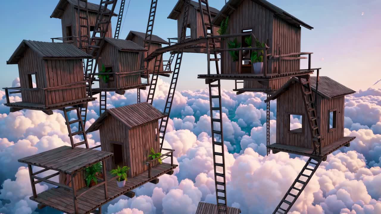 Giant ferris wheel featuring small wooden houses suspended above a breathtaking sunset cloudscape, creating a surreal and dreamlike atmosphere filled with whimsy and tranquility