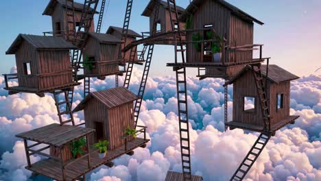 giant ferris wheel featuring small wooden houses suspended above a breathtaking sunset cloudscape, creating a surreal and dreamlike atmosphere filled with whimsy and tranquility