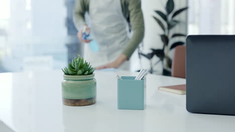 woman, hands and cleaning desk in service