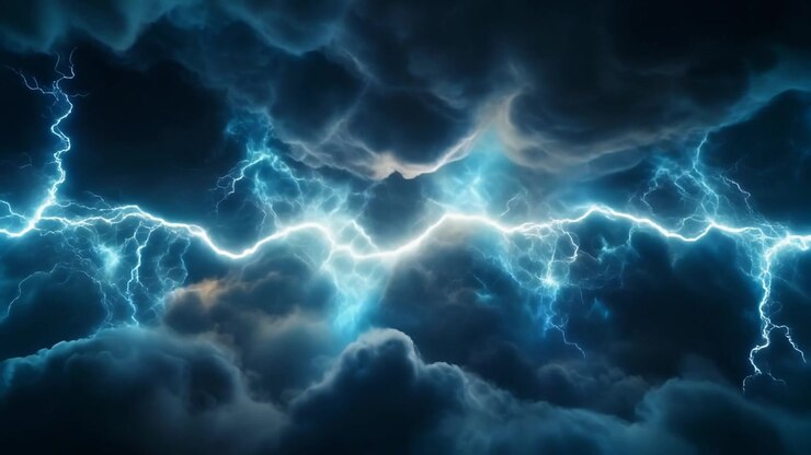 Fulmini intensi che colpiscono attraverso nuvole temporalesche scure