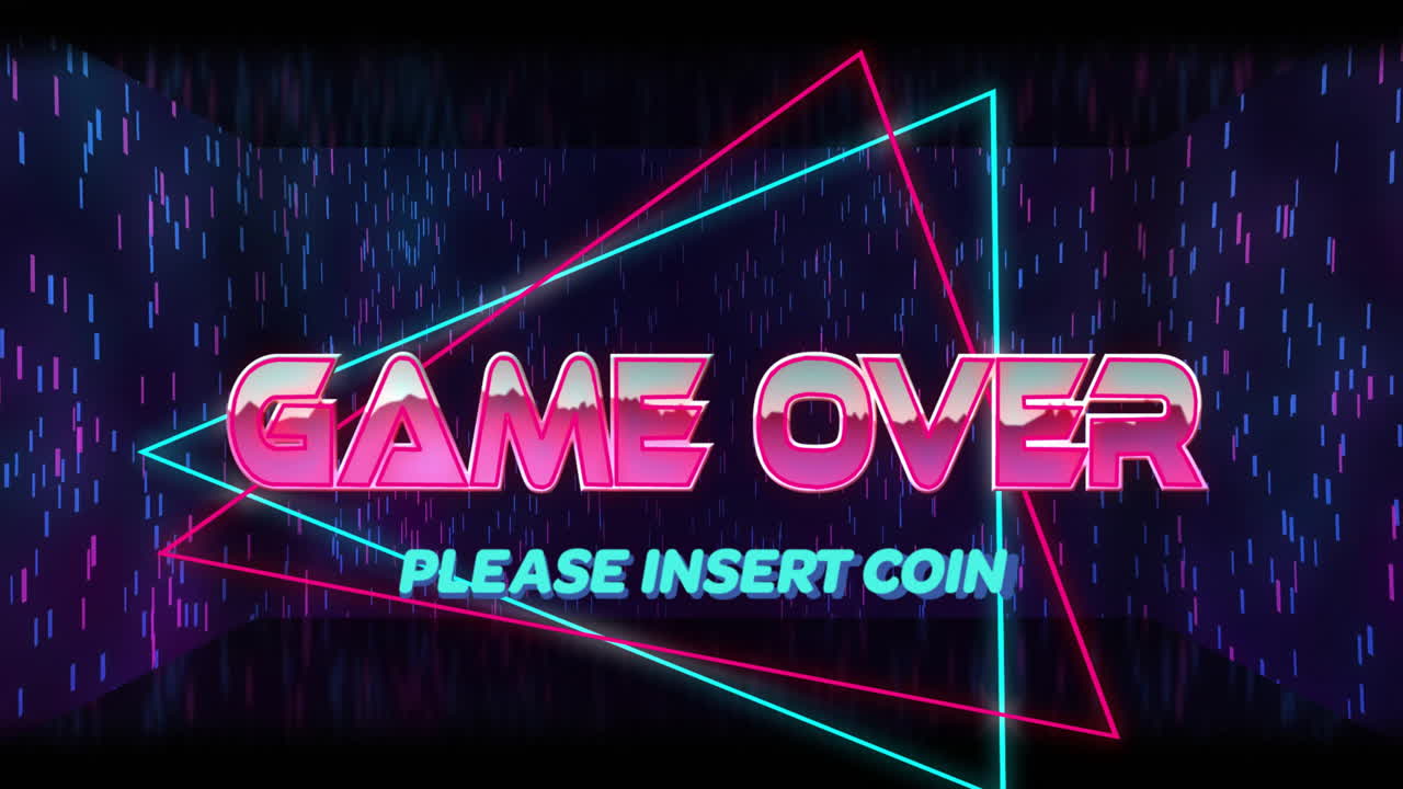 Game Over and Please Insert Coin text over neon geometric shapes and rain animation