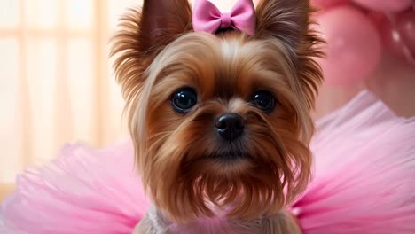 a small dog wearing a pink tutu sitting on the floor