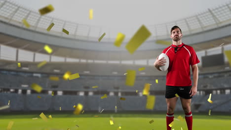 jugador de rugby profesional de pie frente a un estadio con confeti cayendo