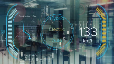 animation of electric car dashboard and digital data processing over computer servers