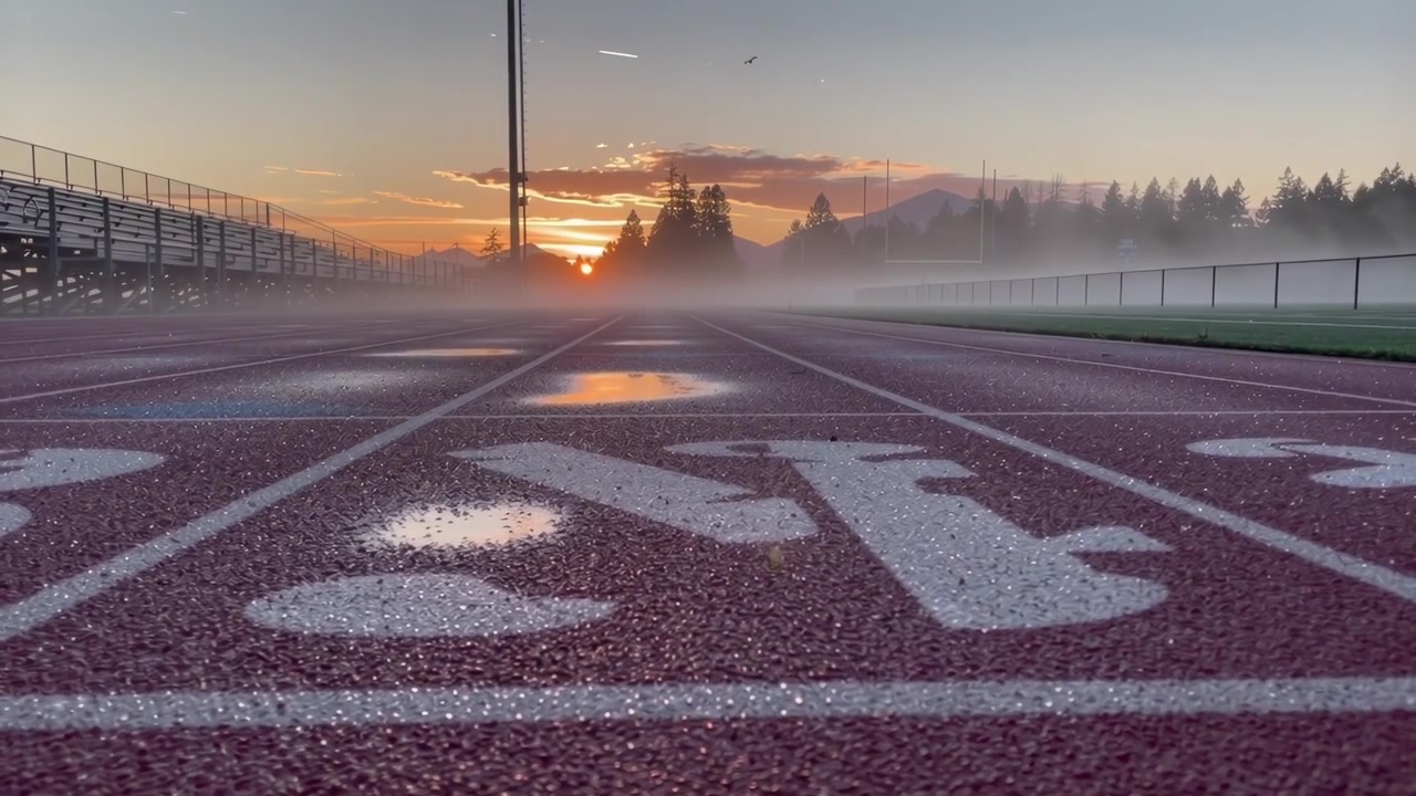 Amanecer brumoso sobre una pista de atletismo vacía