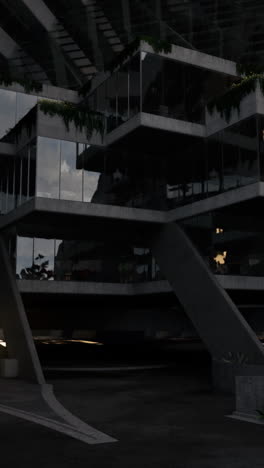 futuristic brutalist building at night