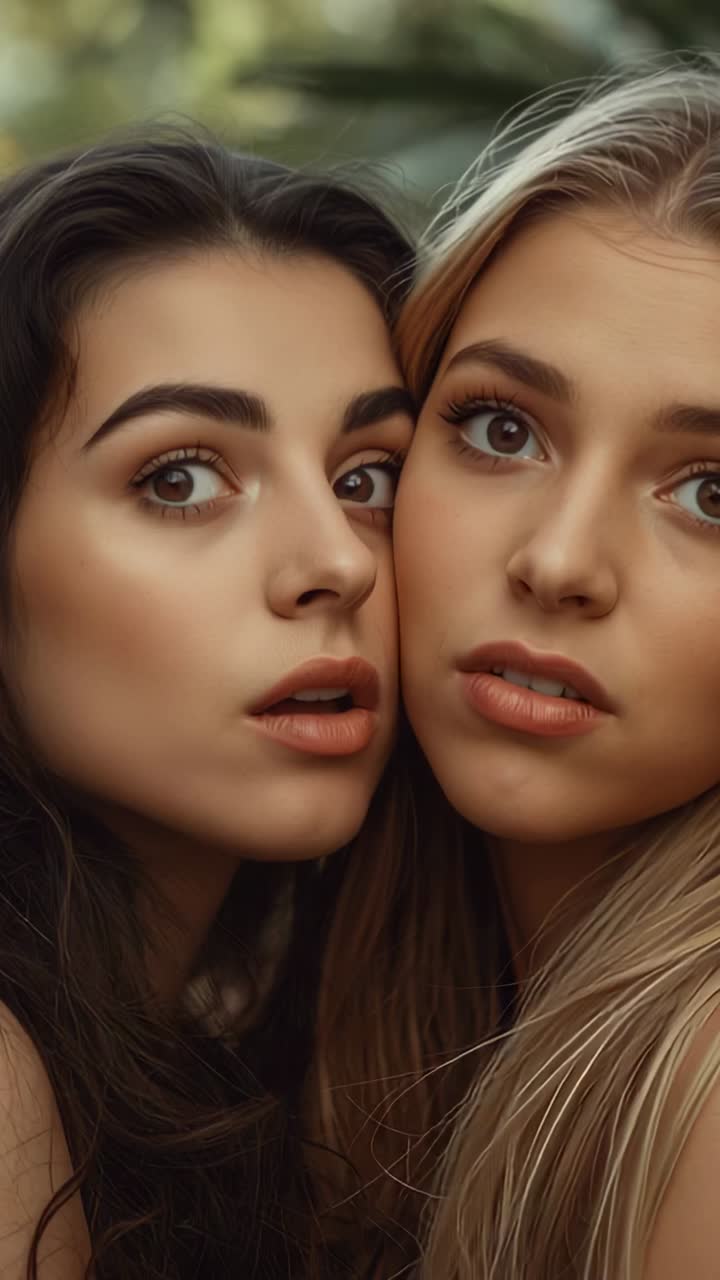 Vertical video: After timer starting two friends sharing secret then facing camera in garden