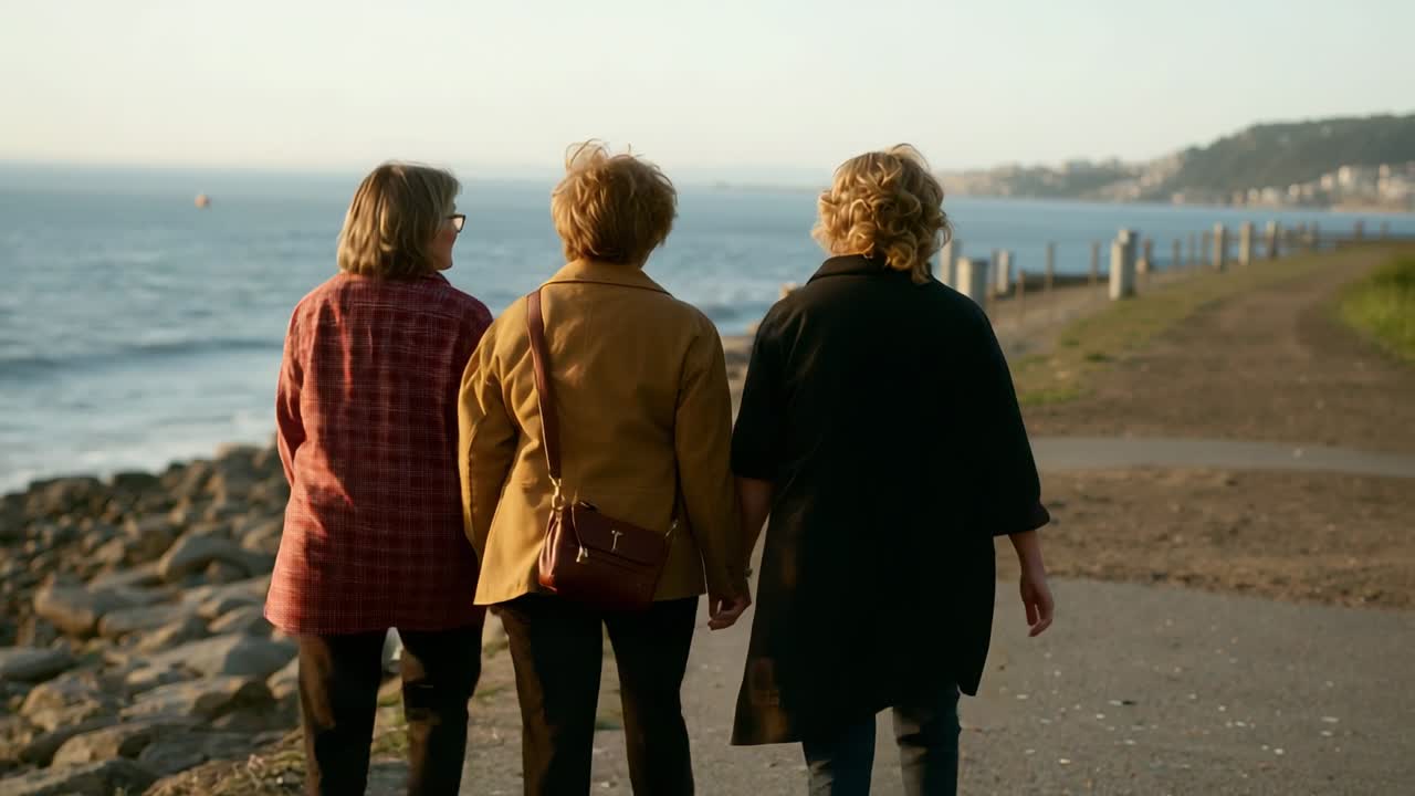 Drie vrouwen in jassen komen in beeld, wandelen langs een kustpad, kletsen en dragen een crossbodytas.