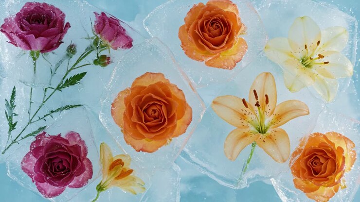 Una Splendida Composizione di Rose e Gigli Colorati Incastonati nel Ghiaccio, Creando un Contrasto Visivo Elegante e Rinfrescante con la Tavolozza della Natura