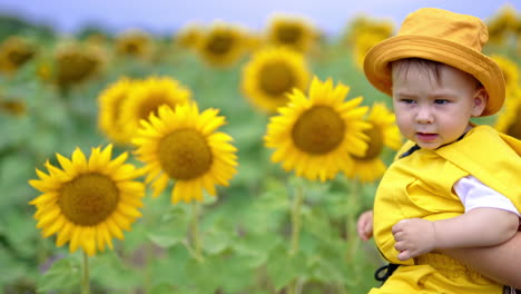 funny little boy in yellow clothes and panama is in the sunflower field. focused kid watching in front of him and touching the flower. blurred backdrop.