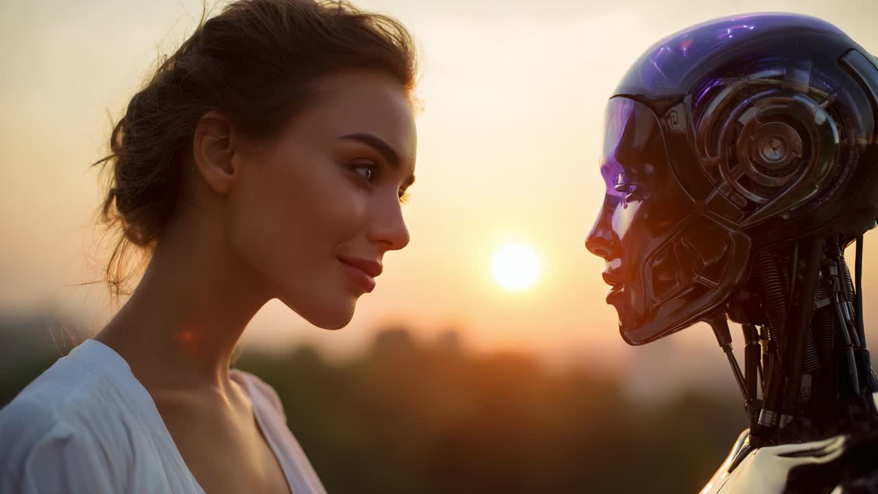 Eine faszinierende Begegnung zwischen Mensch und Roboter: Die Faszination der künstlichen Intelligenz und der Menschheit vor einer spektakulären Sonnenuntergangskulisse