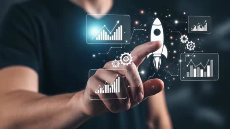 man launching a business startup project with a rocket icon on a virtual screen