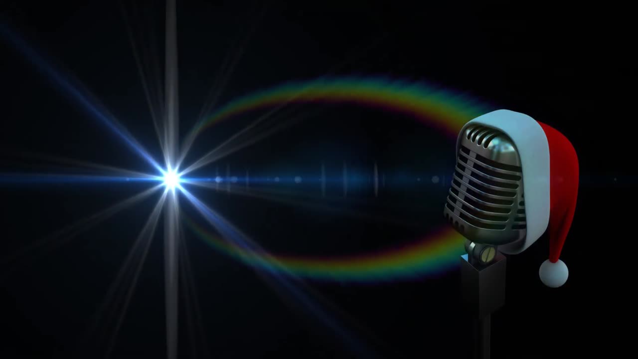 animación de la luz y el micrófono vintage en el sombrero de santa sobre fondo negro