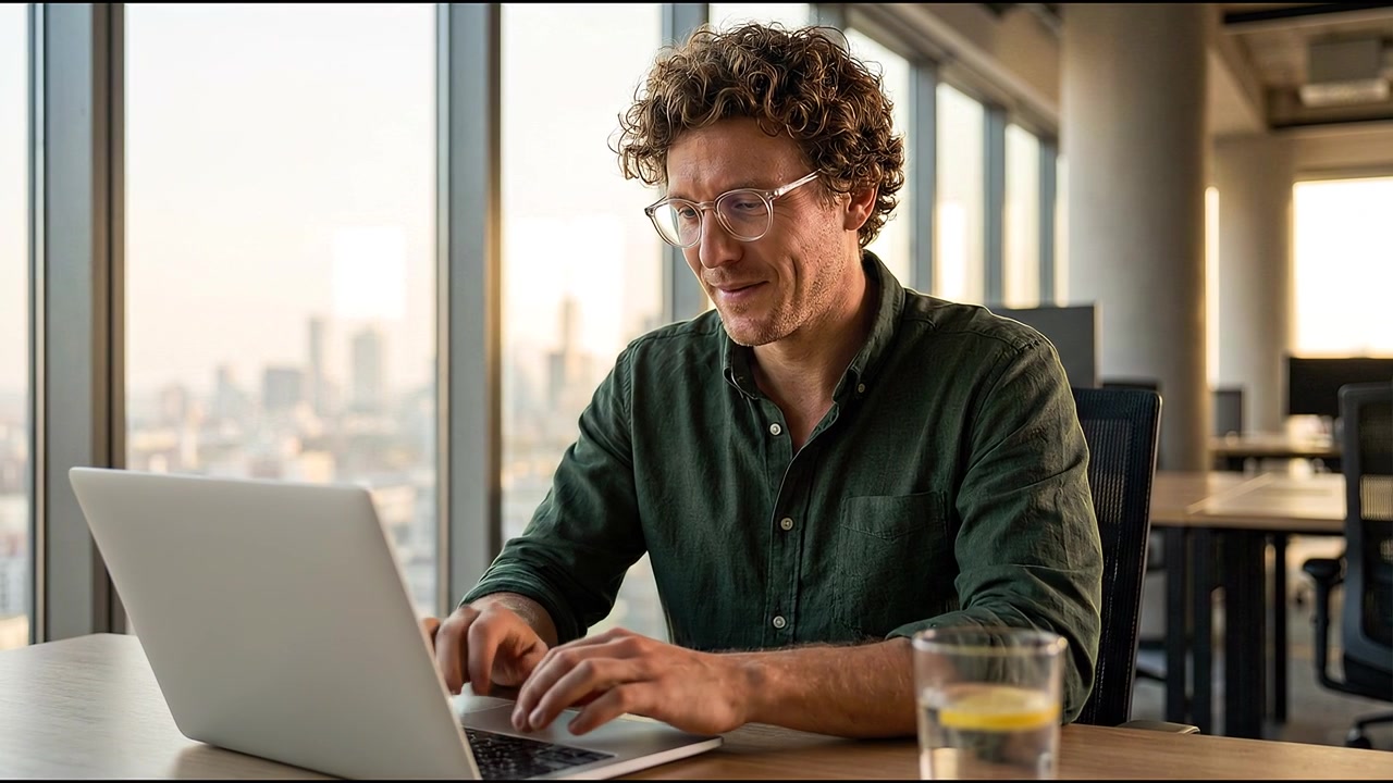 Professionista sorridente con i capelli ricci che digita sul laptop in un luminoso spazio di lavoro in ufficio con lo skyline della città sullo sfondo.
