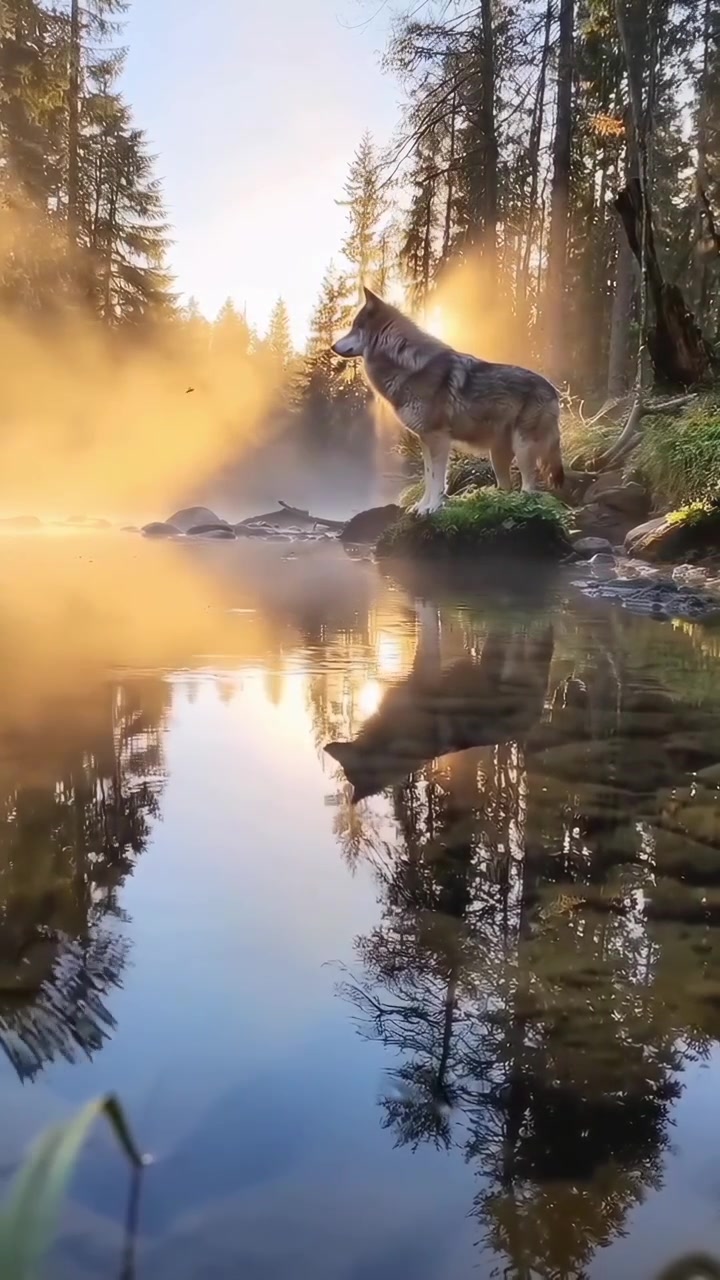 Gray Wolf Standing by a Misty Forest Lake at Sunrise