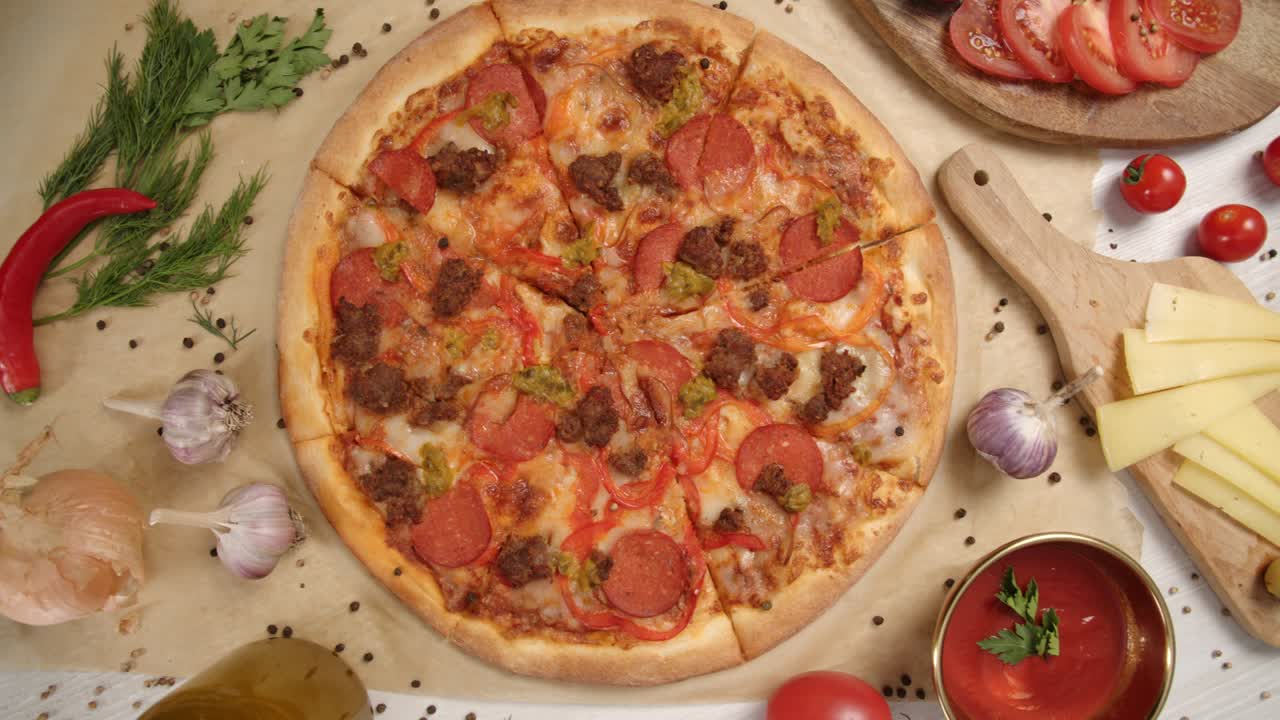 신선한 음식으로 둘러싸인 이탈리아 피자