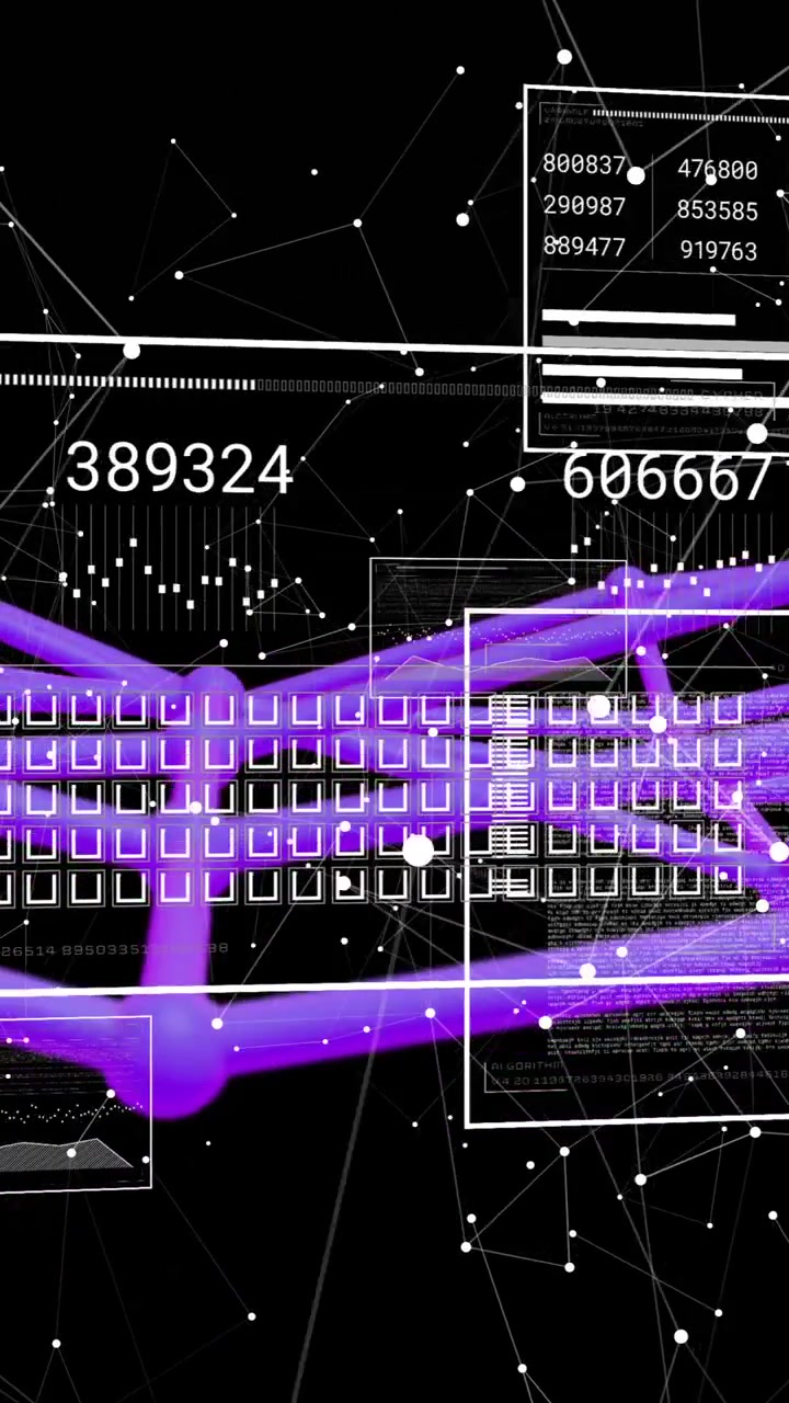 Animation of digital data processing and connections over dark background
