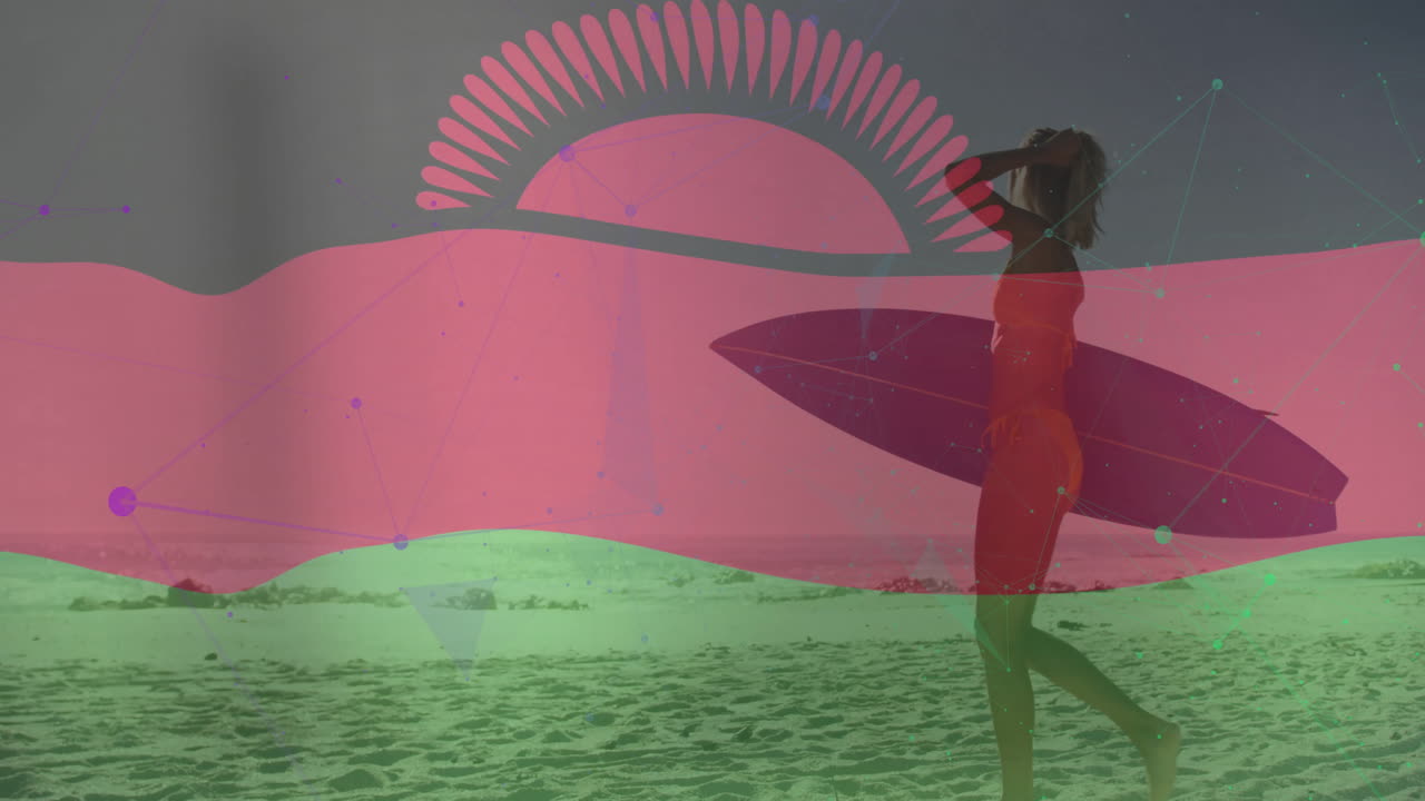 Surfer walking on beach with colorful abstract sun and wave animation overlay