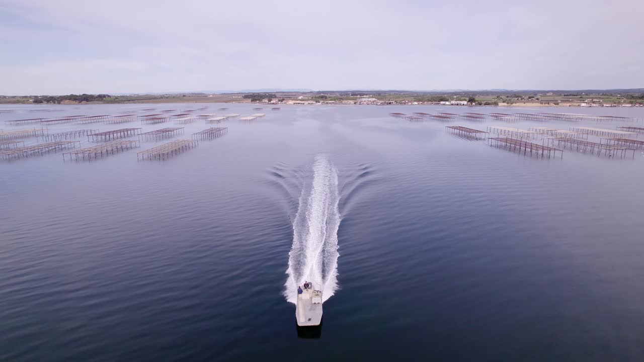 Fransa'nın Sete şehrinde gün batımında bir kabuklu deniz ürünleri çiftliğinde seyreden bir motorbotun havadan drone görüntüsü