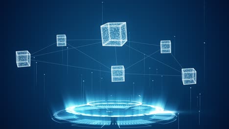 motion graphic of blue digital connection cube with futuristic circle rotation and cube icon levitation on abstract background technology and metaverse concept