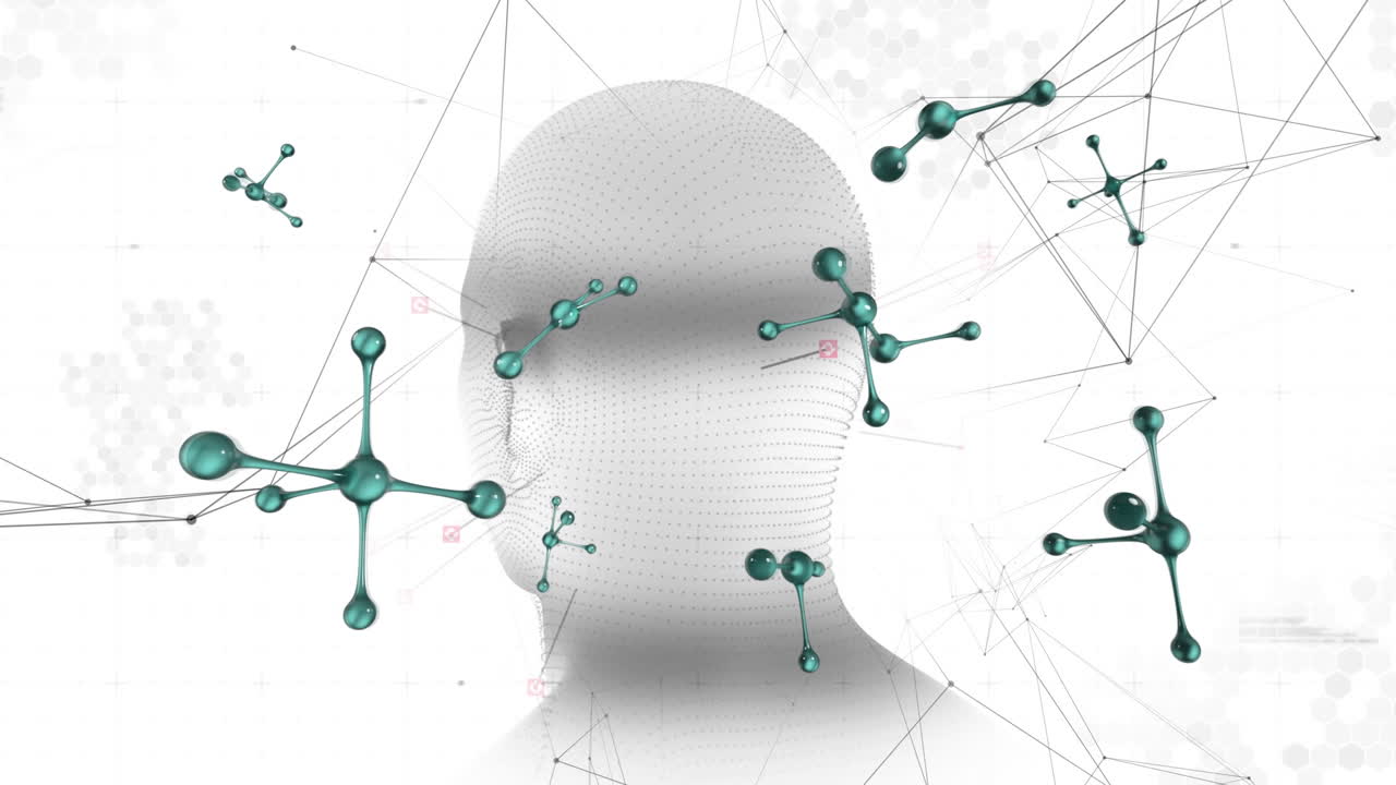 animación de cabezas y formas digitales sobre fondo blanco