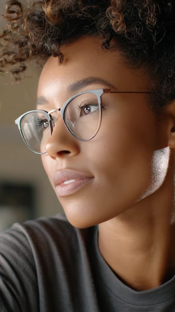 A Thoughtful Glance: Capturing the Poised Elegance and Expression of a Young Woman with Curly Hair Wearing Stylish Eyeglasses in a Soft, Natural Light Setting