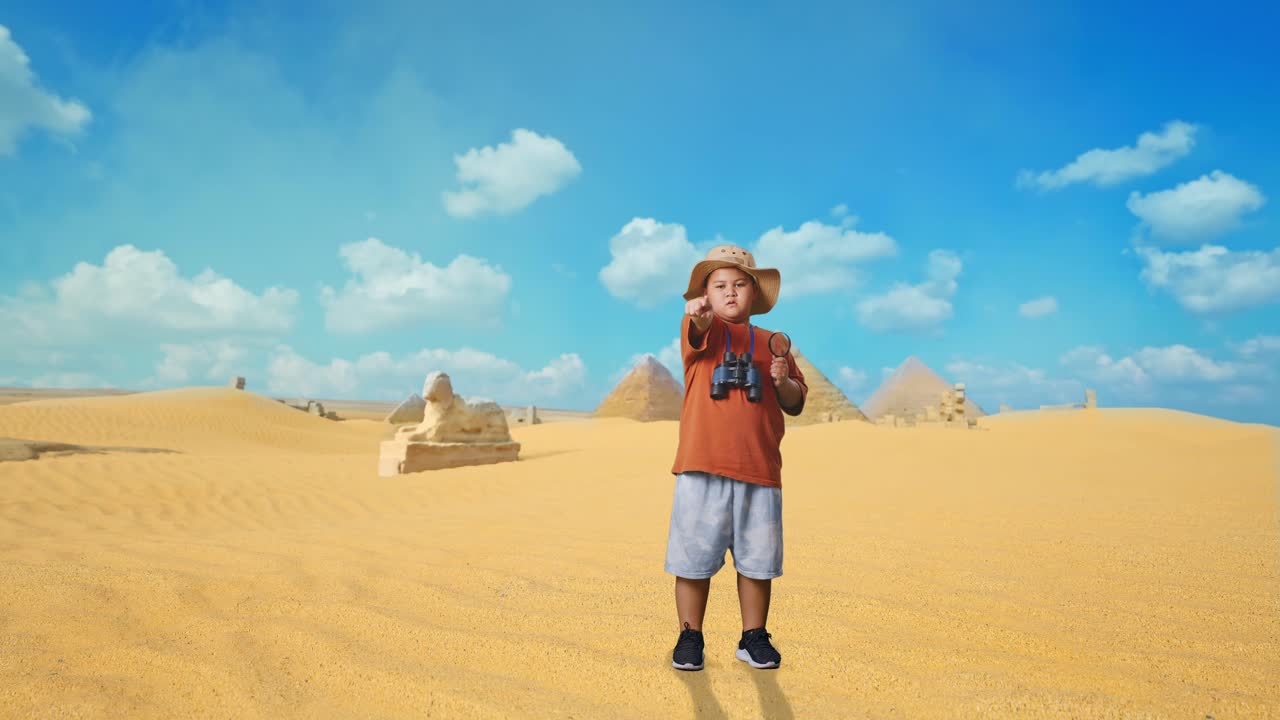 Asian Boy With Hat And Binoculars Using Magnifying Glass Pointing Finger Towards You, Shaking Head Waving Index Finger While Traveling In Giza Pyramid. Boy Researcher Showing No Gesture, Full Body
