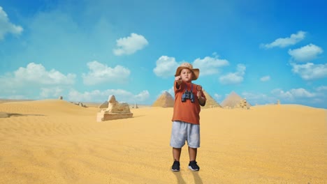 asian boy with hat and binoculars using magnifying glass pointing finger towards you, shaking head waving index finger while traveling in giza pyramid. boy researcher showing no gesture, full body