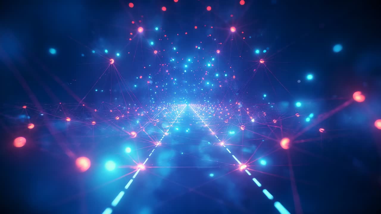 Igniting neon spark revealing receding grid in cyberspace, simulating data flow with spheres