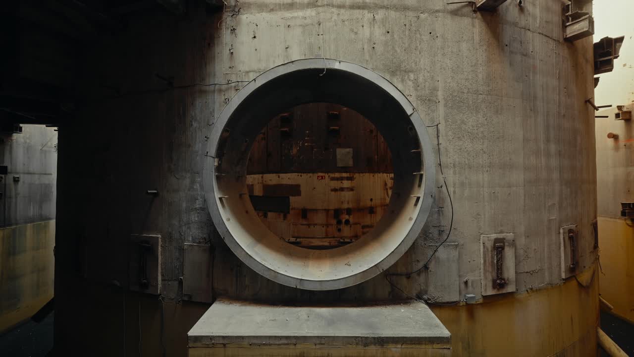Circular Opening in Weathered Concrete Wall of Abandoned Industrial Structure