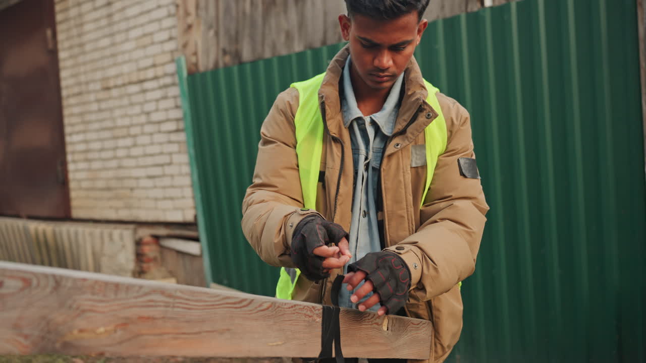 Man repairing wooden fence outdoors wearing highvisibility jacket and gloves, measuring and fixing plank with hammer and screwdriver against brick wall focused daytime urban repair project emphasizing
