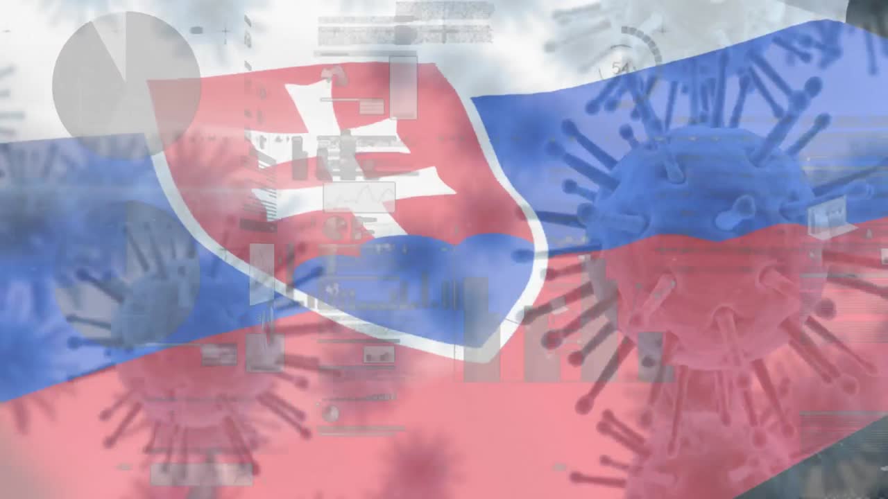 맥로 코로나 바이러스가 스로바키아 국기를 배경으로 퍼져나가고 있습니다.