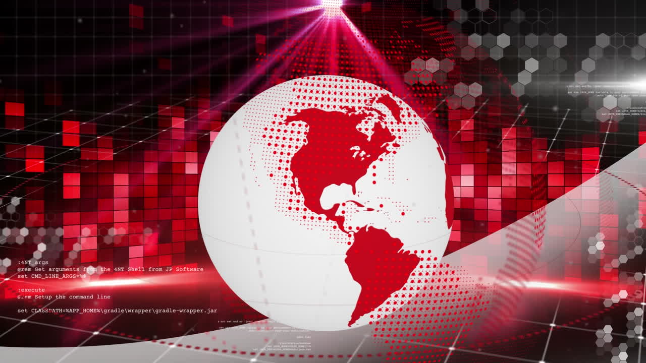 animación de un globo que gira y cuadrados rojos brillantes sobre un fondo negro