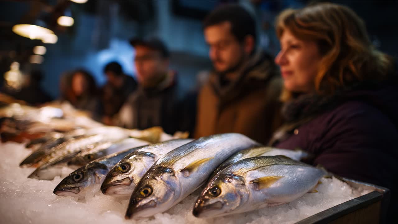 Vivace scena di mercato che mette in mostra una selezione di pesce fresco, con clienti che curiosano e parlano di vari tipi di frutti di mare presso un colorato banco di pesce in un mercato locale